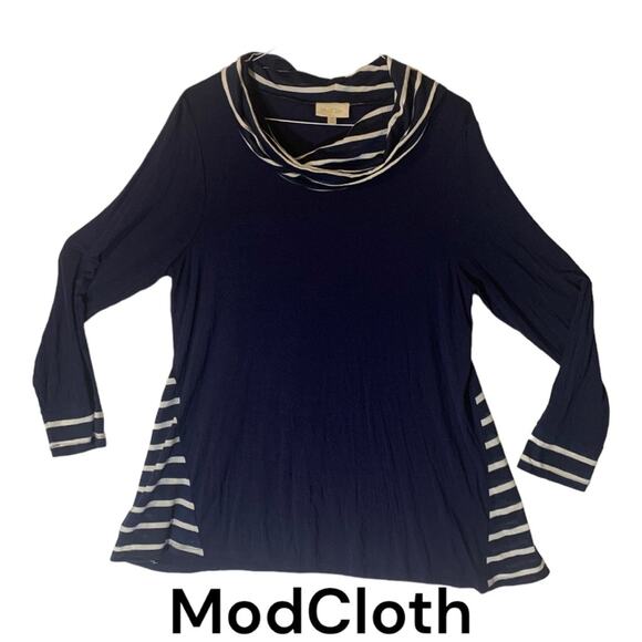 Modcloth womens 1x long sleeve navy blue stripe shirt cowl neck lightweight - Picture 1 of 9